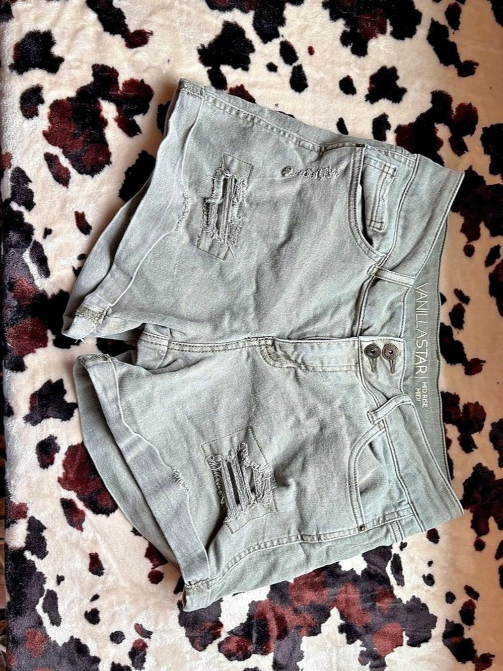 Vanilla Star Mid Rise Midi Distressed Denim Shorts - Green